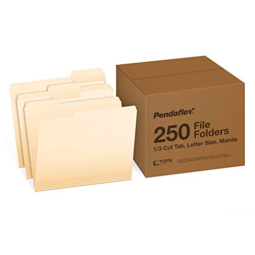 Pendaflex File Folders, 250-Pack, Letter Size, Manila, 1/3-Cut Tabs, Premium Paper Folders for File Cabinets, Home, Office & Classroom Document Organization, 3-Tab Letter File Folders