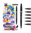 Pentel Manga Fantasy 6 Brush Markers + 1 Folding Cup