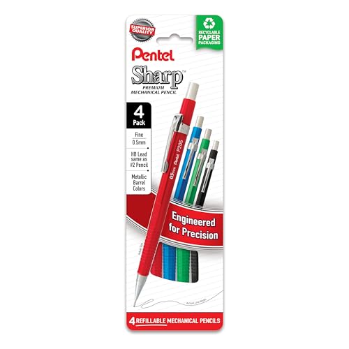 Pentel Sharp Metallic Mechanical Pencil, (0.5mm), Fine Line, Assorted Colored Barrels, Pack of 4 (P205MPF4M)