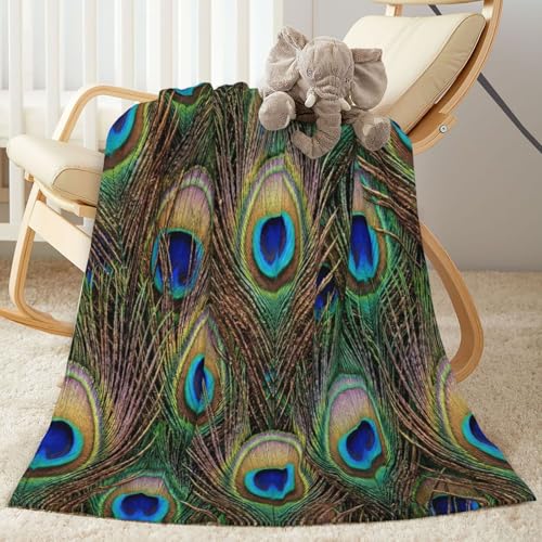 Perinsto Peacock Feather Throw Blanket Ultra Soft Warm All Season Decorative Fleece Blankets for Bed Chair Car Sofa Couch Bedroom 50"X40"