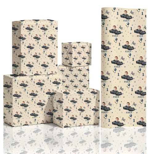 Personalized 1st Birthday Boy Wrapping Paper,Custom Construction Vehicle Gift Wrapping Paper Rolls with Photo Name, Monster Truck Birthday Party Decoration Paper for Son Grandson Birthday Celebration