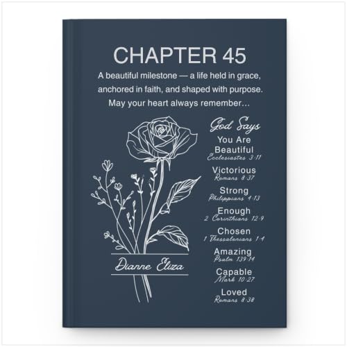 Personalized 45th Birthday Journal, Christian Faith Gift, Custom Name Birth Flower Notebook, Hardcover Floral Diary, 45th Birthday Keepsake for Wife, Husband, Daughter, Sister, Friend - VERSE45_5