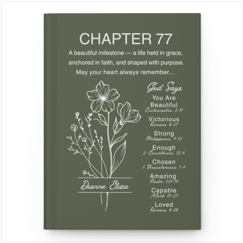 Personalized 77th Birthday Journal, Christian Faith Gift, Custom Name Birth Flower Notebook, Hardcover Floral Diary, 77th Birthday Keepsake for Mom, Dad, Wife, Husband, Grandma, Grandpa, Sister, Brother, Friend - VERSE77_3