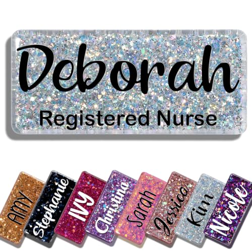 Personalized Glitter Name Tag for Women - Custom Sparkly Acrylic Name Badge with Magnetic & Pin Back - Handmade Glitter Name Plate for Nurses Teachers - Cute Coworker Gift (Chunky Silver)