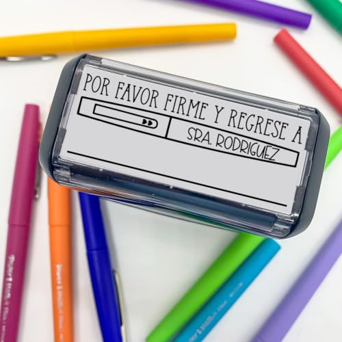 Personalized Spanish Please Sign & Return To (Por Favor Firme y Regrese) Teacher Stamp with Flair Pen Design – Custom Self-Inking Stamp for Classroom, Homework, Parent Signature Reminder, Teacher Gift