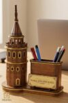 Personalized Walnut Galata Tower Desk Nameplate with Pen Holder | Wood Office Decor | Custom Engraved Gift for Professionals | Unique Desktop Organizer - Brown