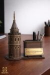 Personalized Wooden Galata Tower Desk Nameplate with Pen Holder | Istanbul Themed Office Decor | Custom Engraved Gift for Professionals | Unique Desktop Organizer - Beads