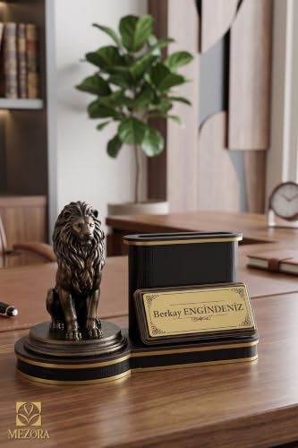 Personalized Wooden Lion Themed Desk Nameplate with Pen Holder | Custom Engraved Office Decor for Men and Women | Powerful Symbol of Strength and Leadership | Wood Organizer Gift - Black