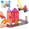 Pexykal Magnetic Tiles Road Set with Extendable Cranes - STEM Sensory Travel Toys, Magnetic Building Blocks for Toddlers Kids 3-8 Years Old, Ideal Birthday for Boys Girls