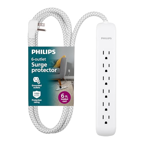 Philips 6 Outlet Power Strip Surge Protector, 6 Ft Power Cord, Designer Braided Extension Cord, Flat Plug, Perfect for Office or Home Décor, 1080 Joules, White, SPC3054WA/37, Pack of 4