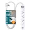 Philips Surge Protector Power Strips with USB Ports, 3 Ft Braided Extension Cord, 945 Joules, 6 Outlet Extender, 1 USB-A, 1 USB-C, Flat Plug, ETL Safety Listed, Black, SPP87608/37-T1