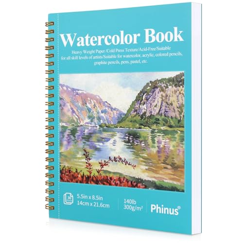 Phinus 30 Sheets Watercolor Sketchbook 5.5 x 8.5 Inch, Watercolor Paper Cold Press (140lb/300gsm), Spiral Bound Water Color Pad for Adults Kids, Mixed Media, Markers and Art Journaling