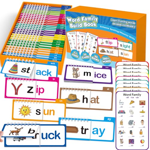 Phonics Flash Cards Word Family Flip Book, 30 Read and Rhyme Flip Books and 10 Test Cards, Sight Words Learn to Read Games for Kids Ages 4-8, Kindergarten Preschool Educational Learning Toys Activity