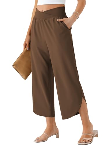 Phophila Capri Pants for Women Dressy Casual Wide Leg Summer Trendy Travel Beach European Outfits Loose Fit Crossover High Waisted Palazzo with Pockets Flowy Baggy Soft Slacks Bottoms Brown L