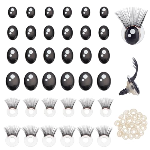 PH PandaHall 24 Sets Craft Eyes Oval Safety Eyes with Eyelashes 4 Sizes Amigurumi Eyes Stuffed Animal Eyes Craft Crochet Eyes with Washers for Teddy Bear, Amigurumi, Puppet, Plush Animal Making