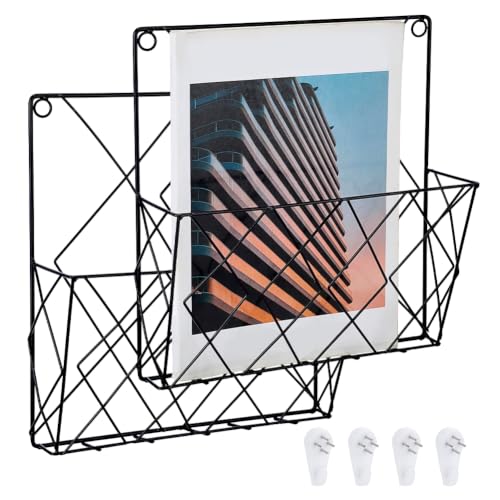 PH PandaHall 2 Pack Wall Mounted File Organizer Black Metal Wall File Holder 10.5x10x3 inch Mail Holder Magazine Basket Black Wire Hanging Sorter for Home Office Workspace Study Room Organization