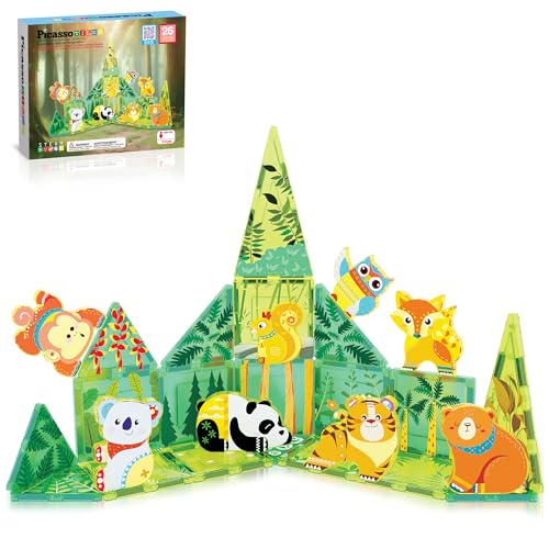 PicassoTiles Magnet Tile Building Blocks Forest Animal Themed Playset with 8 Character Action Figures Educational STEM Learning Construction Kit Pretend Play Magnetic Tiles Toddler Kids Ages 3+ PTQ26