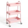 Pink 3‑Tier Metal Rolling Utility Cart, Mobile Storage Organizer with Lockable Caster Wheels, Multi‑Purpose Rolling Rack for Kitchen, Bathroom, Living Room, Office and Tight Narrow Spaces