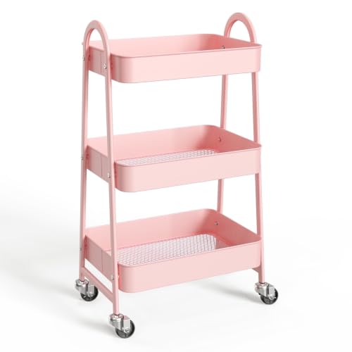 Pink 3‑Tier Metal Rolling Utility Cart, Mobile Storage Organizer with Lockable Caster Wheels, Multi‑Purpose Rolling Rack for Kitchen, Bathroom, Living Room, Office and Tight Narrow Spaces