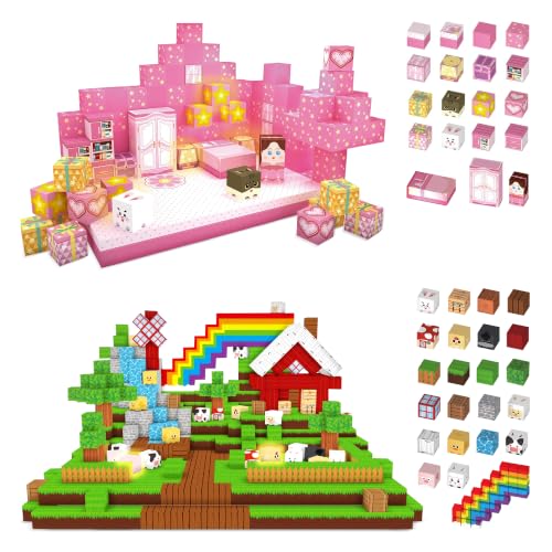 Pink Castle & Farm House Theme 200 PCS Magnetic Building Blocks for Kids, STEM Toy for Kids 3+, Magnet Blocks Creative Construction Magnetic Cubes Blue Castle Christmas Birthday Gifts for Boys & Girls