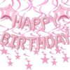 Pink Happy Birthday Balloons Banner With Pink Star Hanging Swirl Decorations, Star Foil Balloons For Happy Birthday Decorations Women