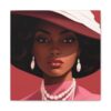 Pink Hat Fashion Black Woman Canvas Wall Art, African Woman Portrait Pearl Necklace, Soft Glam Bedroom Decor