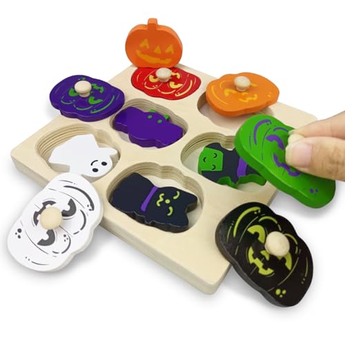Pinkiwine Halloween Pumpkin Wooden Peg Puzzles Montessori Educational Toys for Kids Toddlers Halloween Toys Party Favors Treat Bags Gifts