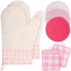 Pink Oven Mitts and Pot Holders 7 Sets, Pink White, Rubber Cotton, Plaid