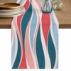 Pink Teal Striped Cotton Linen Table Runner for Dining Kitchen, Modern Colorful Abstract Lines Wedding Outdoor Party Tablerunners Decoration, Dresser Scarf Coffee Tablecloth Runners 13x108 Inches