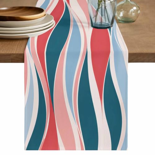 Pink Teal Striped Cotton Linen Table Runner for Dining Kitchen, Modern Colorful Abstract Lines Wedding Outdoor Party Tablerunners Decoration, Dresser Scarf Coffee Tablecloth Runners 13x108 Inches