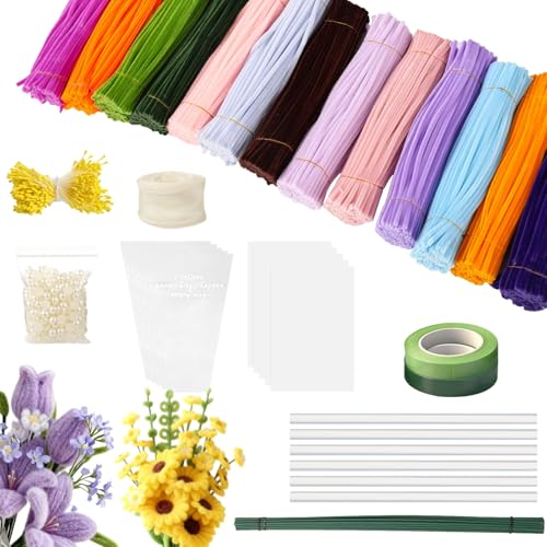 Pipe Cleaners Craft Set, 1300 Pcs Chenille Stems in 13 Colors, 30 Flower Stalks, 2 Rolls Floral Tape, Pearl Stickers and Stamens, 11.8 in Bendable Twist Sticks for DIY Art Projects