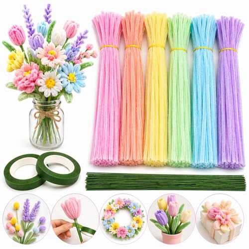 Pipe Cleaners for Craft Flower Making,Fuzzy Chenille Stems and Fluffy Sticks with Floral Tape and Wire, for Kids Arts and Crafts|Pastel colors (pipe cleaners-100/stem wire-15/green tape-1)