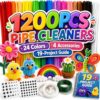 Pipe Cleaners for Crafts, 1200 PCS 24-Color Chenille Stems Kit Limpia Pipas
