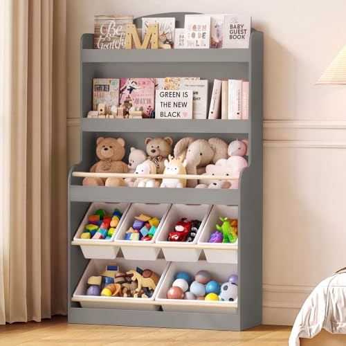 Pipleo 55" H Kids Toy Storage Organizer with Bookshelf and 6 Removable Toy Bins, 5-Tier Toy Organizers with Stuffed Animal Storage for Nursery, Kids Room, Playroom, Bedroom (Gray)