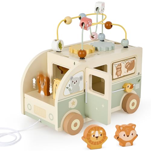 Pithfor Wooden Montessori Toys for 2 Year Old, Push & Pull Car Toys for Baby Toddlers 18 Months 2 3 Year Old, First Birthday Gift for Boys Girls, with Bobbling Driver & Bead Maze