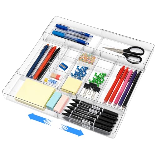 Pitmoly Expandable Desk Drawer Organizer, Expandable Storage Tray with Adjustable Compartments - Customizable Desk Organizer for Makeup, Utensils, Office Supplies, Junk Drawer & Bathroom