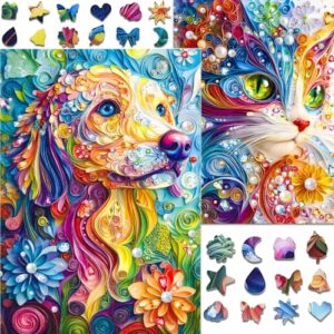 Pixlora 1000 Piece Puzzles for Adults, 2 Pack of Challenging Shaped Cat Puzzles, Pearl Cat and Pearl Dog Theme, Idea Gifts