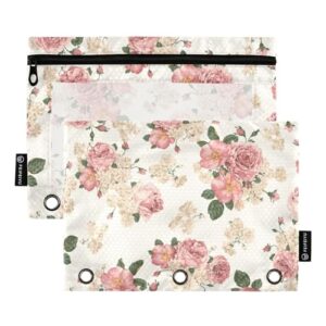 PJGINUIUA 3 Ring Binder Pencil Pouch 2 Pack Rose Vintage Floral Pencil Case