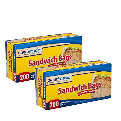 Plastimade Disposable Plastic Sandwich Bags With Fold Close Top 400 Bags, Great For Home, Office, Vacation, Traveling, Sandwich, Fruits, Nuts, Cake, Cookies, Or Any Snacks (24 Packs)