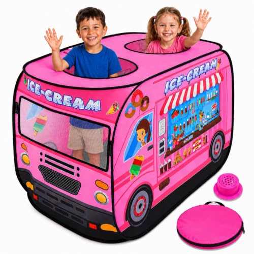 Playbees Musical Ice Cream Truck Pop Up Play Tent with 3 Openings - Tent for Toddlers - Indoor & Outdoor - Pop Up Tents for Kids - Includes Carry Bag and Sound Button- 43.5x28x26.5 Inch