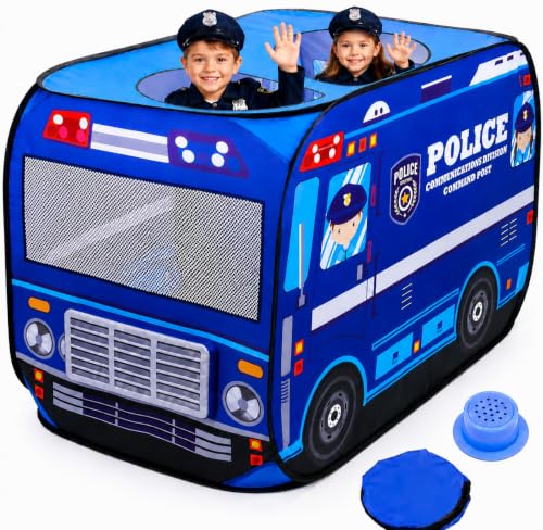 Playbees Musical Police Car Pop Up Play Tent with 3 Openings - Tent for Toddlers - Indoor & Outdoor - Pop Up Tents for Kids - Includes Carry Bag and Sound Button- 43.5x28x26.5 Inch