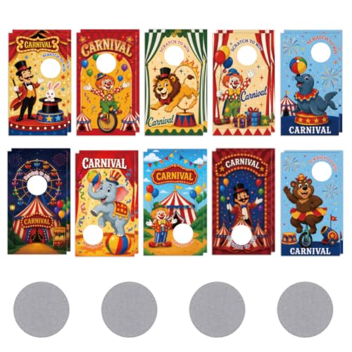 PLIGREAT 240 Pcs Circus Carnival Scratch Off Cards, Blank Gift Certificates with 240 Scratch Stickers DIY Carnival Party Cards for Small Business Party Favor Prizes, Cartoon Lion Elephant Pattern
