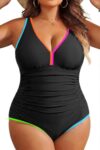 Plus Size One Piece Swimsuit V Neck Tummy Control Retro Ruched Bathing