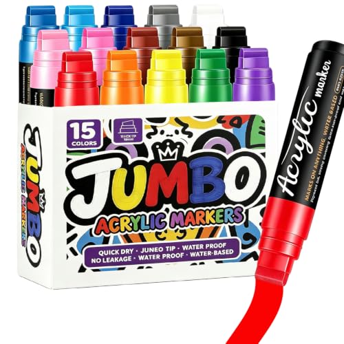 Pmbqifay 15 Colors Jumbo Markers, 15mm Thick Wide Tip Poster Markers Jumbo, Jumbo Acrylic Paint Markers for Poster, Banner Painting Supplie, Rock Painting,Car Markers, Glass, Window, Ceramic 