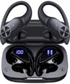 PocBuds Bluetooth Headphones Wireless Earbuds 80hrs Playtime Wireless Charging Case Digital Display Sports Ear Buds with Earhook Deep Bass IPX7 Waterproof Over-Ear Earphones for TV Phone Laptop Black