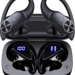 PocBuds Bluetooth Headphones Wireless Earbuds 80hrs Playtime Wireless Charging Case Digital Display Sports Ear Buds with Earhook Deep Bass IPX7 Waterproof Over-Ear Earphones for TV Phone Laptop Black