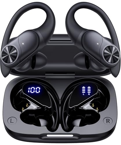 PocBuds Bluetooth Headphones Wireless Earbuds 80hrs Playtime Wireless Charging Case Digital Display Sports Ear Buds with Earhook Deep Bass IPX7 Waterproof Over-Ear Earphones for TV Phone Laptop Black