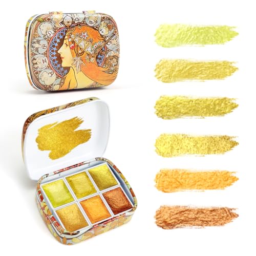 Pocket Watercolor Set of 6, Travel Watercolor Paint Set, Watercolor Paints, Art Supplies for Painting, Great Watercolor Set for Artists, Amateur Hobbyists and Painting,Amber Gold