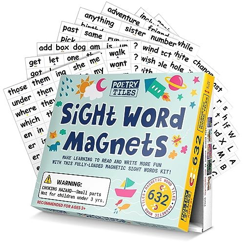 Poetry Tiles 632 Sight Word Magnets – Large .75" Tall Tiles to Learn Reading and Writing with Magnetic Fridge Words - Homeschool or Classroom Tool for Pre-K, Kindergarten, Grades 1-3