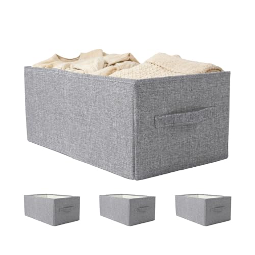 Pomodee 3 Pack Linen Storage Baskets with Handle,Large Foldable Closet Storage Bins for Shelves, Toys, Sheets, Clothes Organization,18"×11"×8",Grey